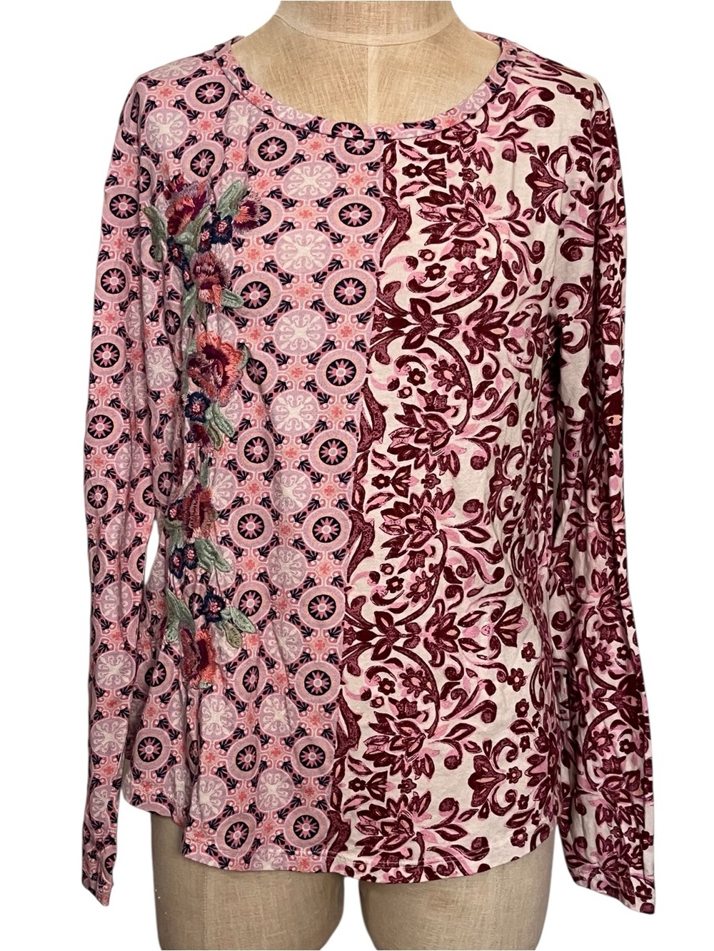 Sundance Pink Celebration Floral Embroidered Long Sleeve Tee XL Boho